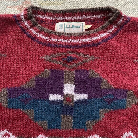 Vintage LL Bean Aztec Sweater 90s Medium Red Purple Green Wool Southwestern - Picture 1 of 8